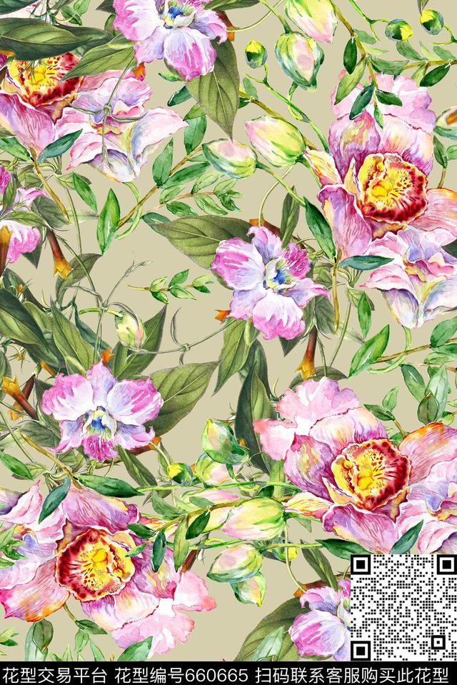 手绘花卉绿叶数码印花花型下载（图片编号: 660665） - 瓦栏（Walan）