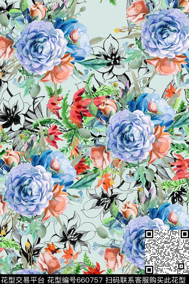 手绘线描花卉数码印花花型下载（图片编号: 660757） - 瓦栏（Walan）