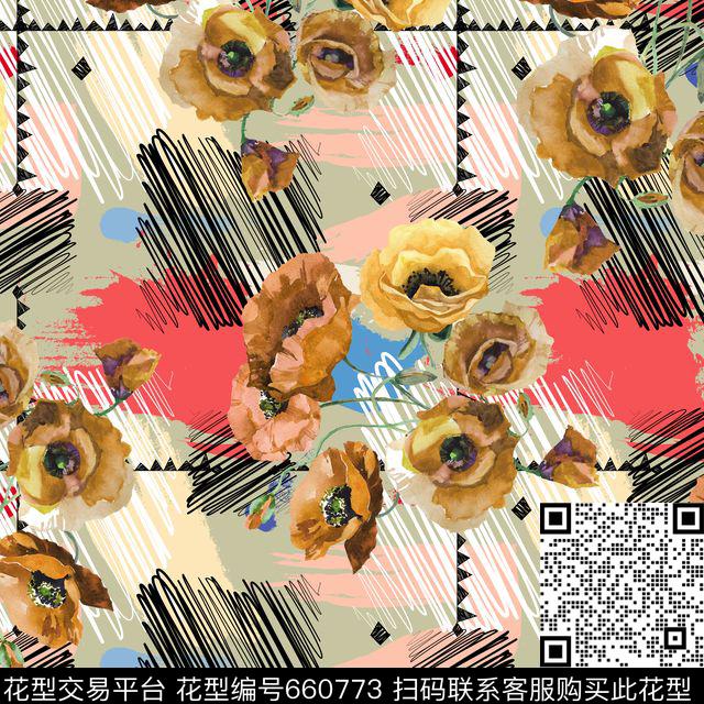 复古手绘花卉数码印花花型下载（图片编号: 660773） - 瓦栏（Walan）