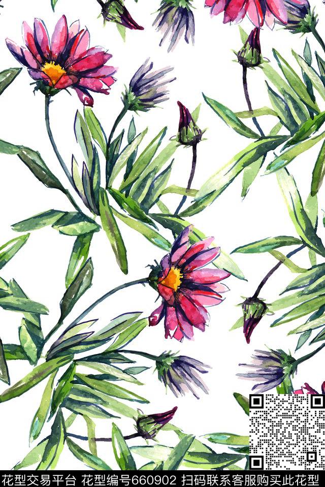 手绘花卉绿叶数码印花花型下载（图片编号: 660902） - 瓦栏（Walan）