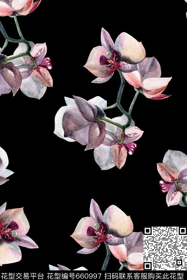 手绘复古大朵数码印花花型下载（图片编号: 660997） - 瓦栏（Walan）