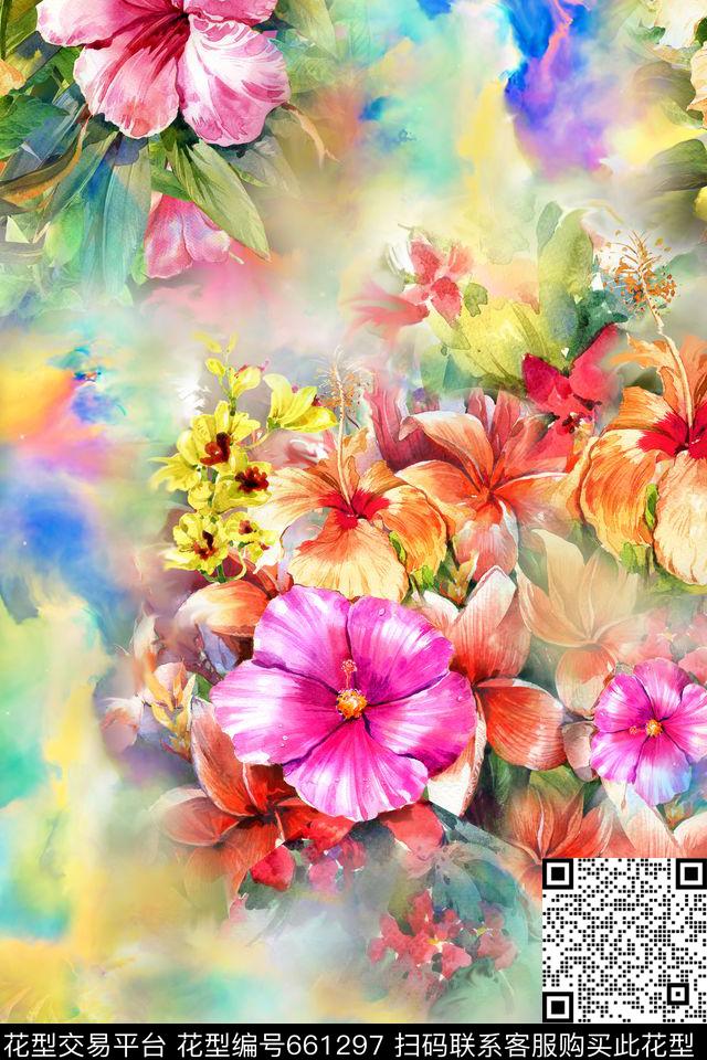 3127.jpg - 661297 - 水彩 热带花卉 肌理 - 数码印花花型 － 女装花型设计 － 瓦栏
