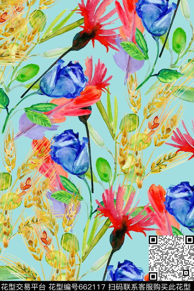 手绘花卉麦穗数码印花花型下载（图片编号: 662117） - 瓦栏（Walan）