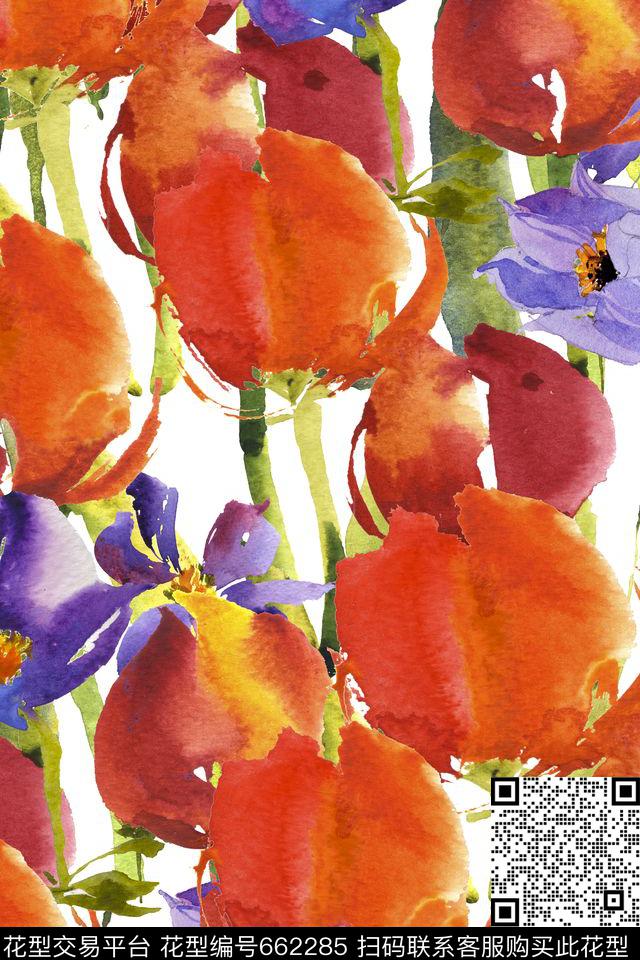 手绘水彩玉兰花郁金香数码印花花型下载（图片编号: 662285） - 瓦栏（Walan）