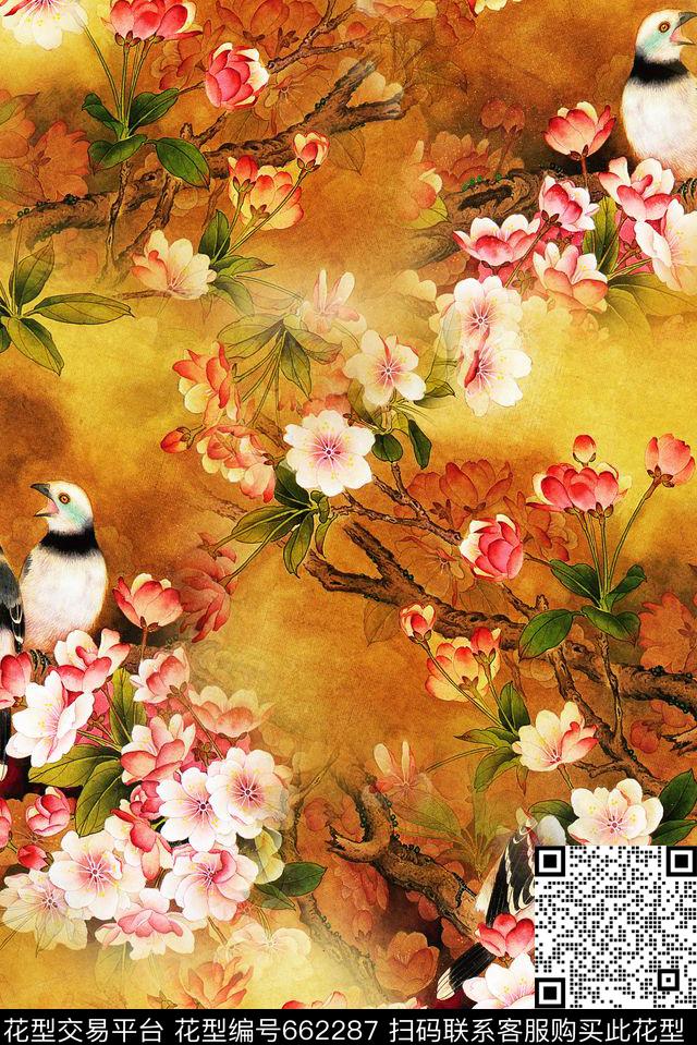 花鸟民族风中国风数码印花花型下载（图片编号: 662287） - 瓦栏（Walan）
