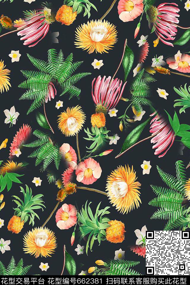 热带花卉树叶数码印花花型下载（图片编号: 662381） - 瓦栏（Walan）