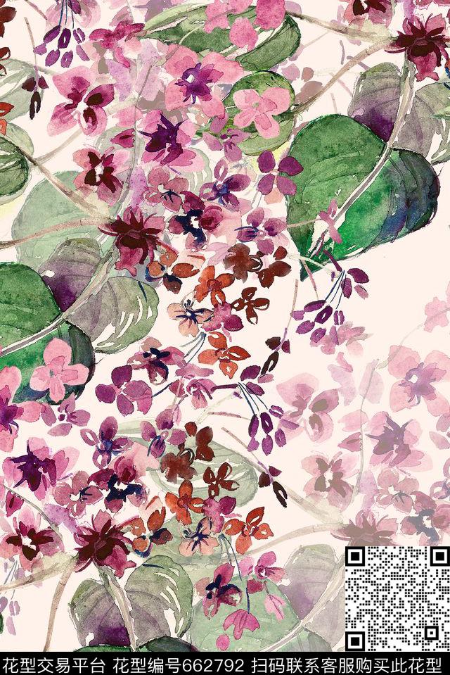 杏花手绘花卉数码印花花型下载（图片编号: 662792） - 瓦栏（Walan）