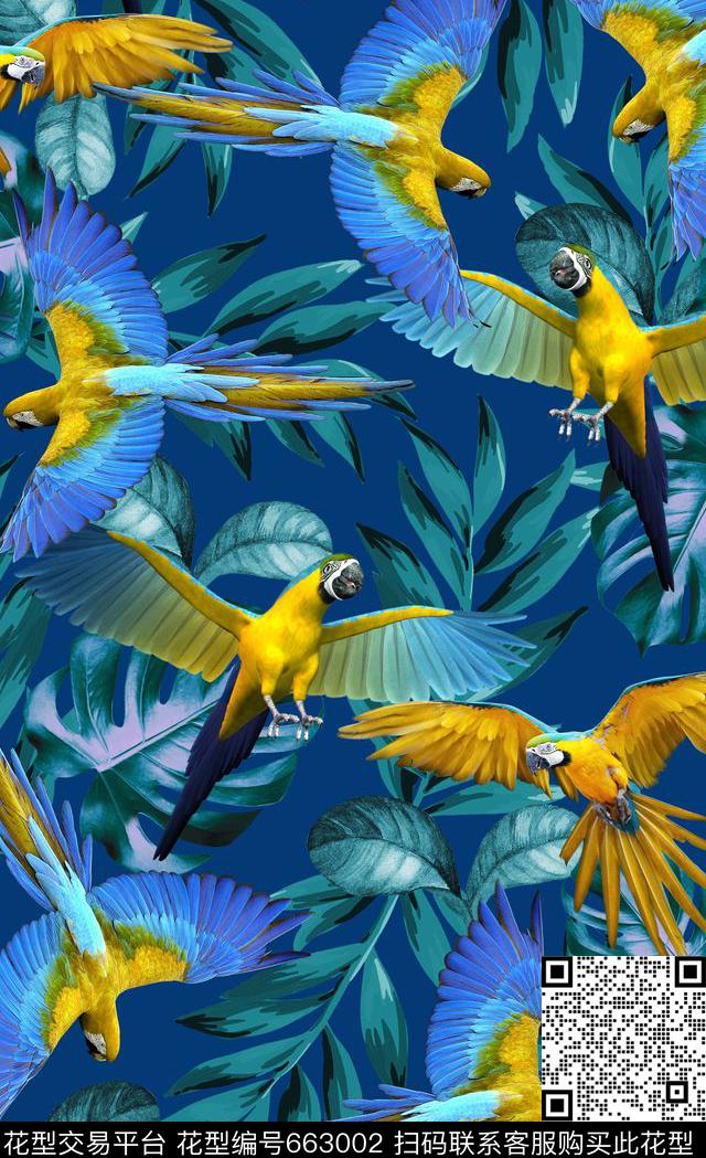 JPEG-15.jpg - 663002 - 金刚鹦鹉 鹦鹉 热带植物 - 数码印花花型 － 女装花型设计 － 瓦栏