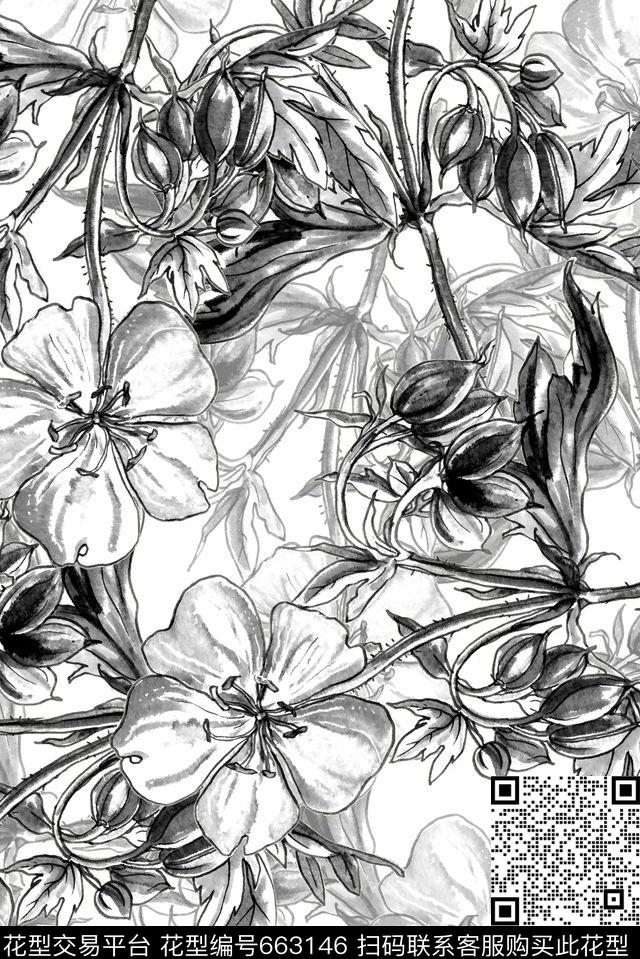 黑白素描花卉数码印花花型下载（图片编号: 663146） - 瓦栏（Walan）