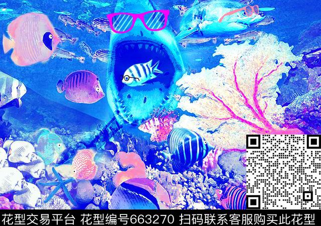 海底世界 - 663270 - 有关海洋 趣味童裝定位花 鲨鱼 - 数码印花花型 － 童装花型设计 － 瓦栏