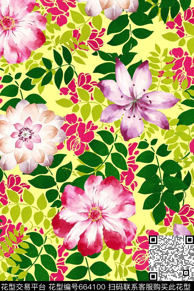 手绘水彩大花花卉数码印花花型下载（图片编号: 664100） - 瓦栏（Walan）