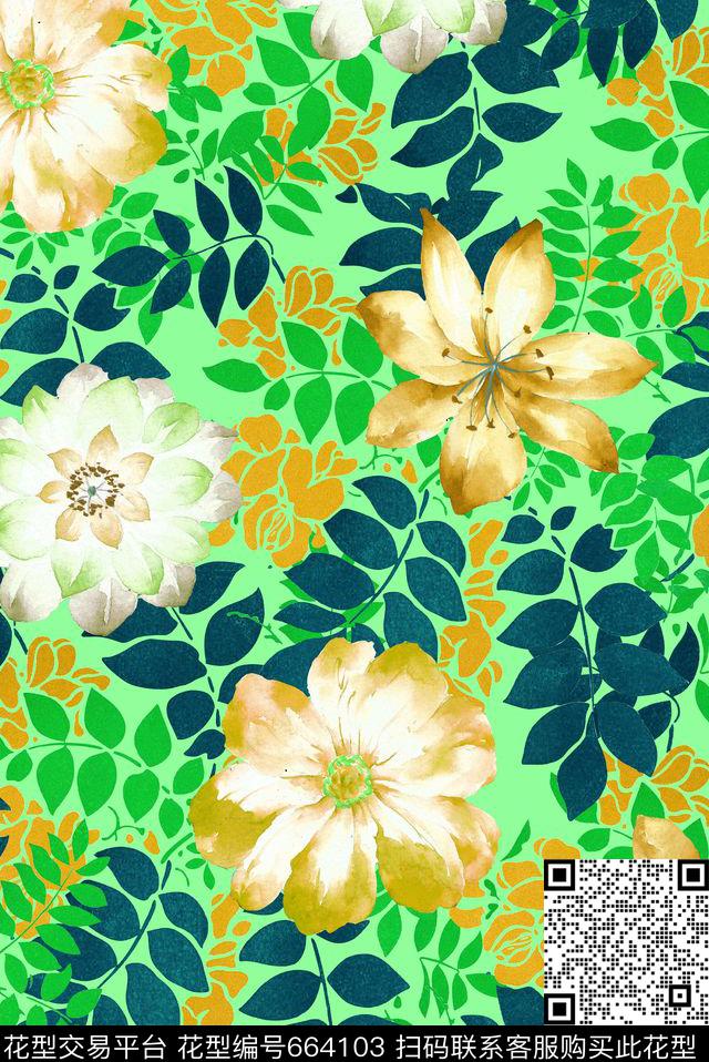 手绘水彩大花花卉数码印花花型下载（图片编号: 664103） - 瓦栏（Walan）