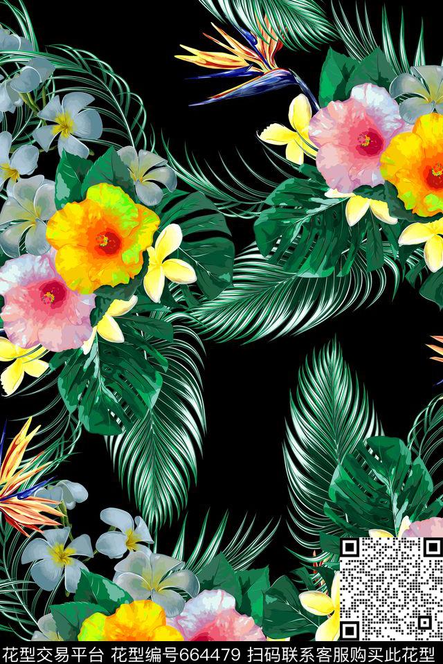 手绘热带植物数码印花花型下载（图片编号: 664479） - 瓦栏（Walan）