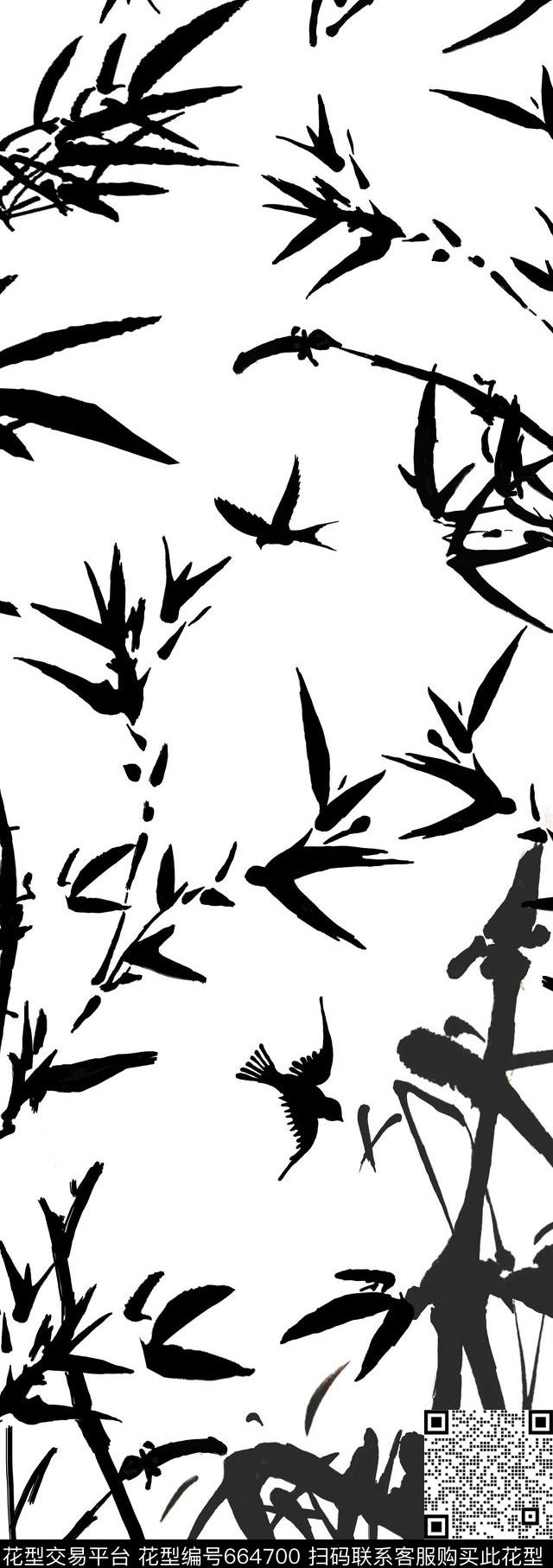 99.jpg - 664700 - 中国风 水墨竹子长巾 - 传统印花花型 － 长巾花型设计 － 瓦栏