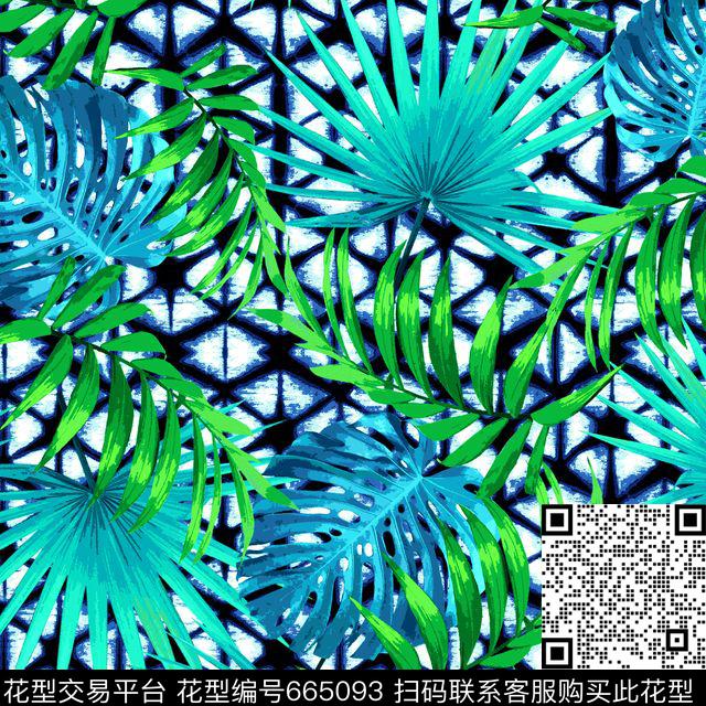 时尚叶子几何混搭 - 665093 - 热带叶子 热带植物 时尚泳装 - 传统印花花型 － 泳装花型设计 － 瓦栏