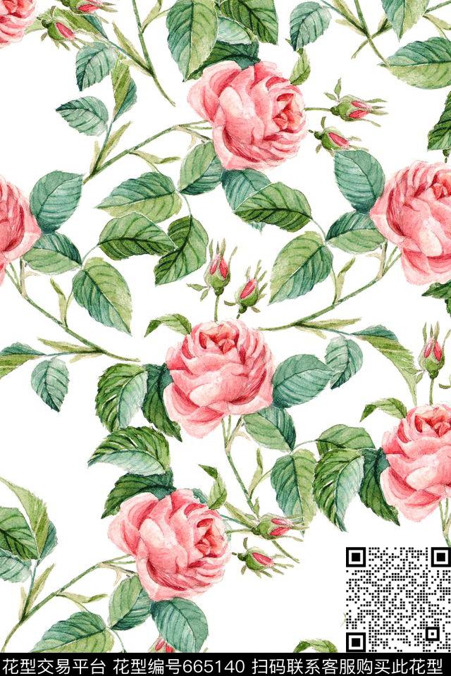 手绘淡雅玫瑰数码印花花型下载（图片编号: 665140） - 瓦栏（Walan）