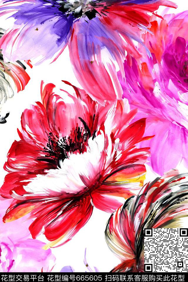 手绘花卉数码印花花型下载（图片编号: 665605） - 瓦栏（Walan）