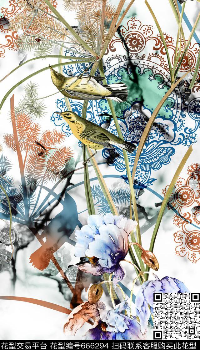 手绘花、手绘鸟、花纹、剪影数码印花花型下载（图片编号: 666294） - 瓦栏（Walan）