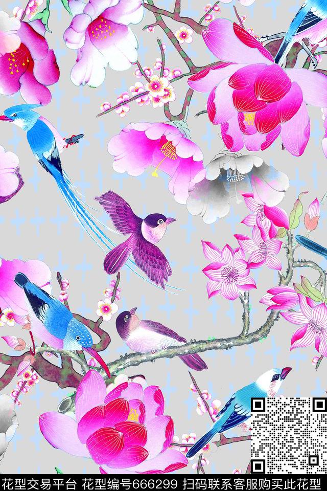 时尚中国风花卉鸟数码印花花型下载（图片编号: 666299） - 瓦栏（Walan）