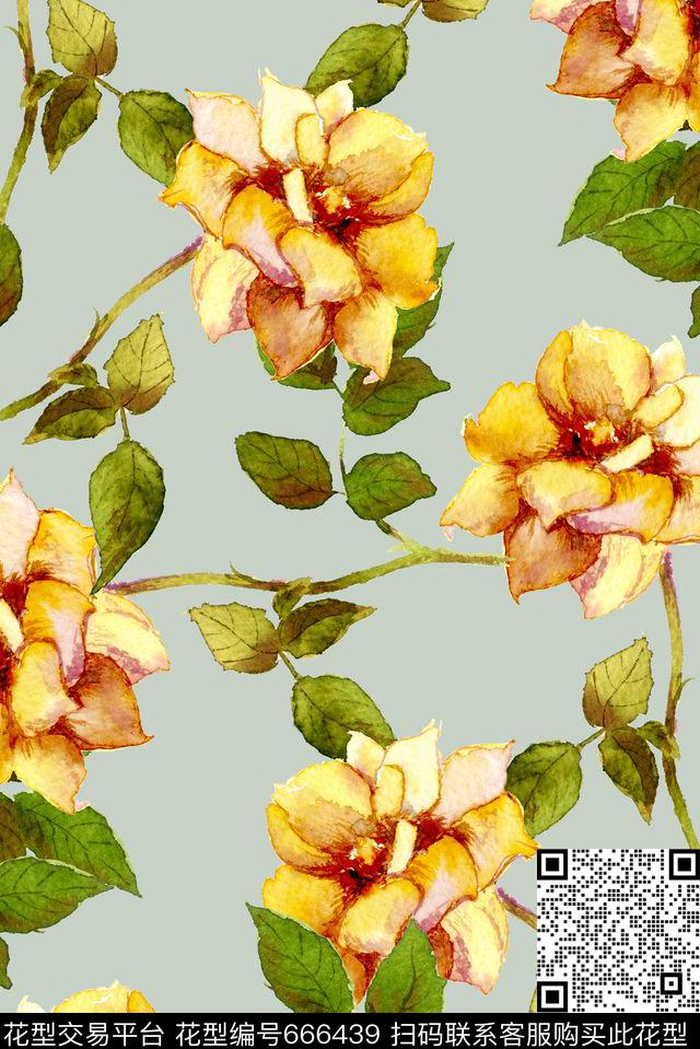 大朵手绘黄色数码印花花型下载（图片编号: 666439） - 瓦栏（Walan）