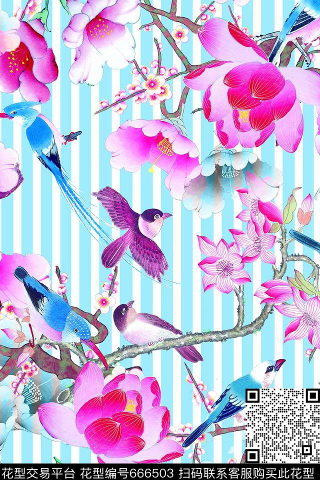 时尚中国风花卉鸟数码印花花型下载（图片编号: 666503） - 瓦栏（Walan）