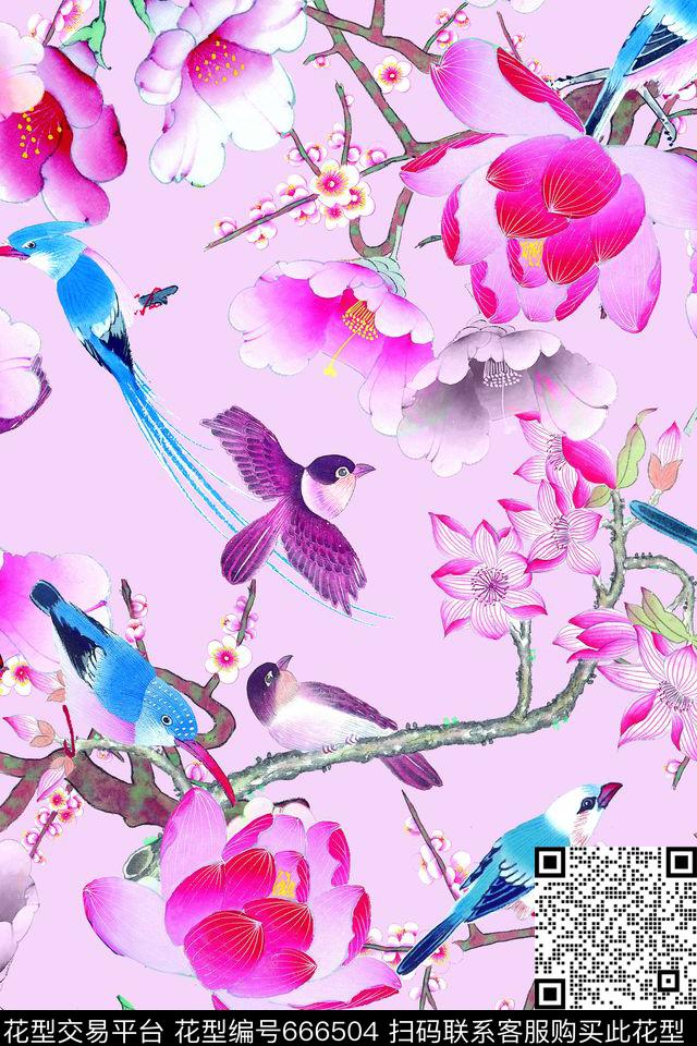 时尚中国风花卉鸟数码印花花型下载（图片编号: 666504） - 瓦栏（Walan）