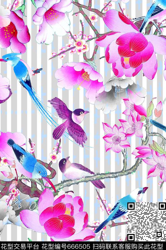 时尚中国风花卉鸟数码印花花型下载（图片编号: 666505） - 瓦栏（Walan）