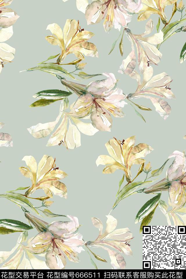 淡雅手绘郁金香数码印花花型下载（图片编号: 666511） - 瓦栏（Walan）