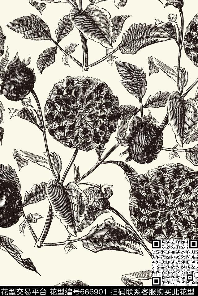 铅笔素描线描数码印花花型下载（图片编号: 666901） - 瓦栏（Walan）