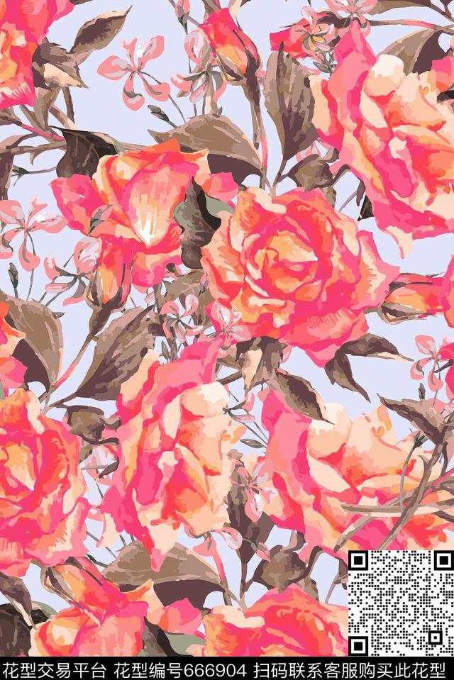 满版大朵手绘数码印花花型下载（图片编号: 666904） - 瓦栏（Walan）