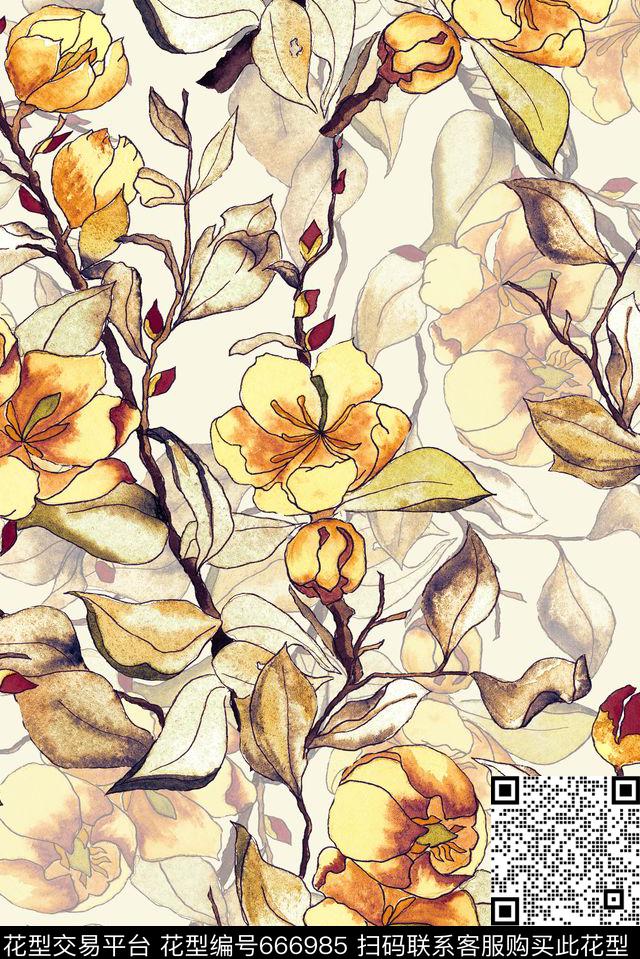 复古手绘花卉数码印花花型下载（图片编号: 666985） - 瓦栏（Walan）