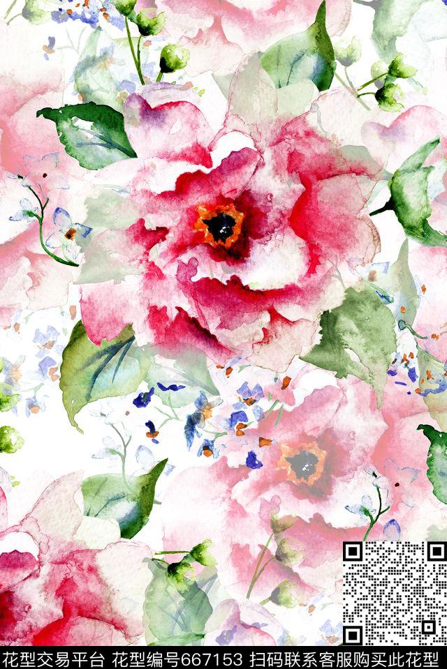 大朵清透手绘数码印花花型下载（图片编号: 667153） - 瓦栏（Walan）