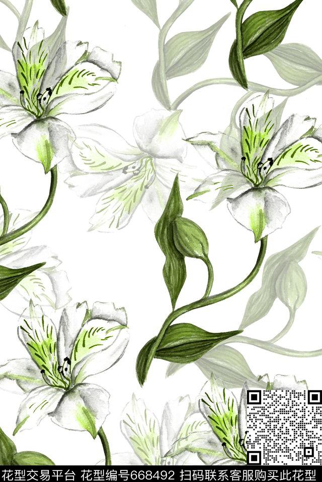 手绘花卉植物数码印花花型下载（图片编号: 668492） - 瓦栏（Walan）
