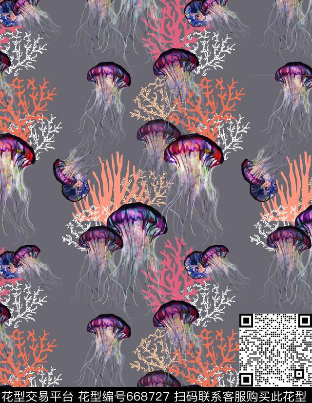 水母接版图.jpg - 668727 - 海洋生物 水母 珊瑚 - 数码印花花型 － 沙发布花型设计 － 瓦栏