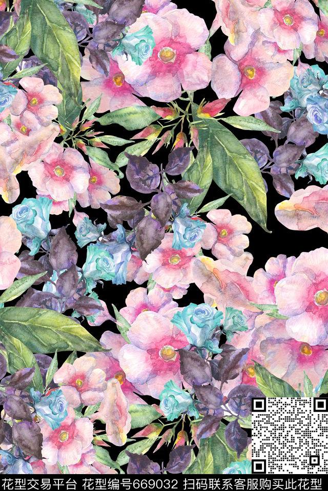 满版手绘花卉数码印花花型下载（图片编号: 669032） - 瓦栏（Walan）
