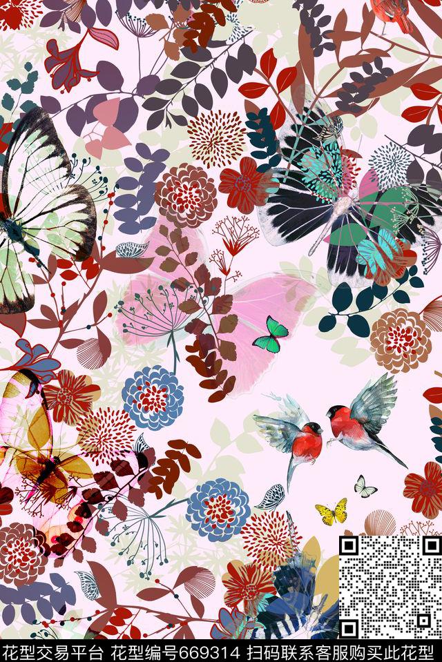 树叶小鸟花卉数码印花花型下载（图片编号: 669314） - 瓦栏（Walan）