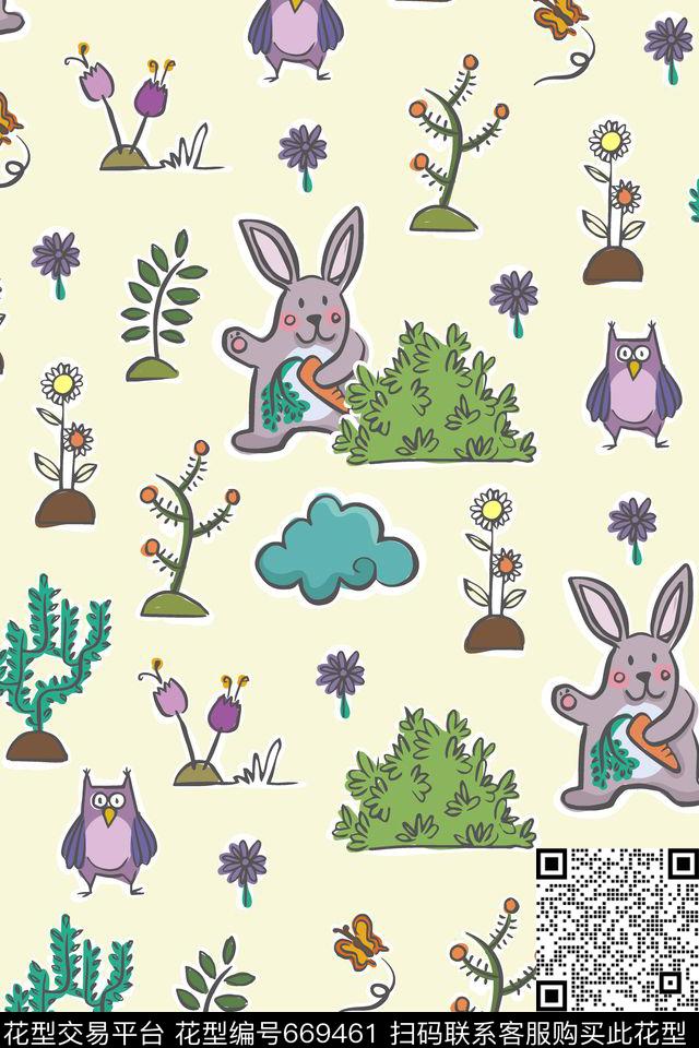 植物园2.jpg - 669461 - 花卉 植物 兔子 - 传统印花花型 － 童装花型设计 － 瓦栏