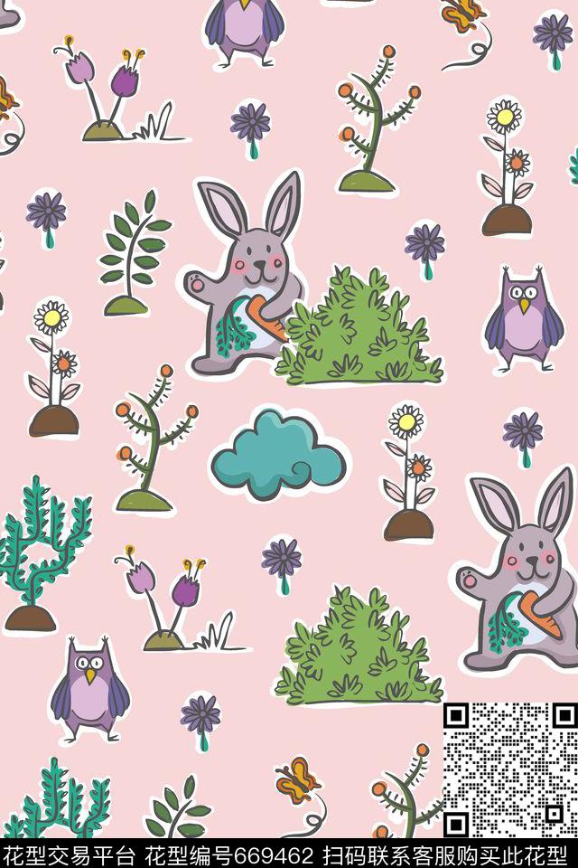 植物园3.jpg - 669462 - 花卉 植物 兔子 - 传统印花花型 － 童装花型设计 － 瓦栏