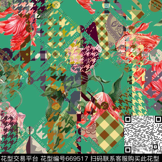 迷彩手绘花卉数码印花花型下载（图片编号: 669517） - 瓦栏（Walan）