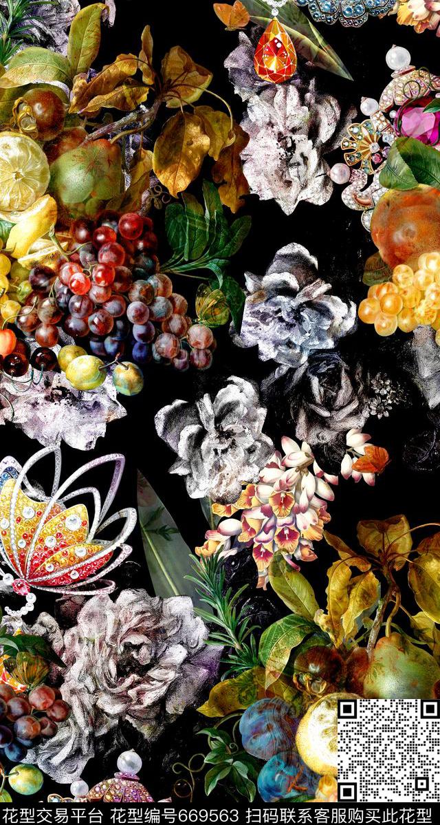 花卉满版花卉手绘珠宝数码印花花型下载（图片编号: 669563） - 瓦栏（Walan）