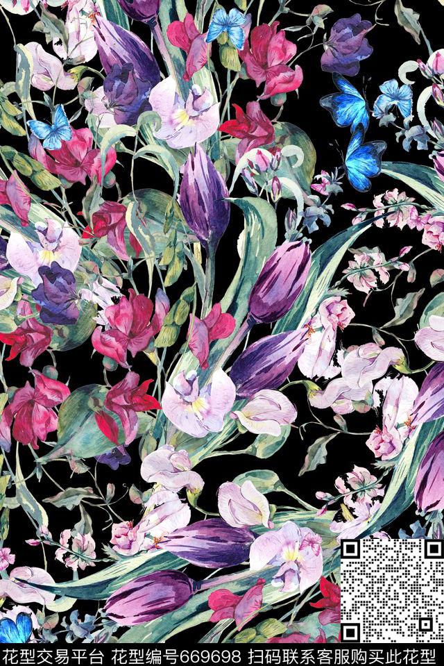 手绘花卉郁金香数码印花花型下载（图片编号: 669698） - 瓦栏（Walan）