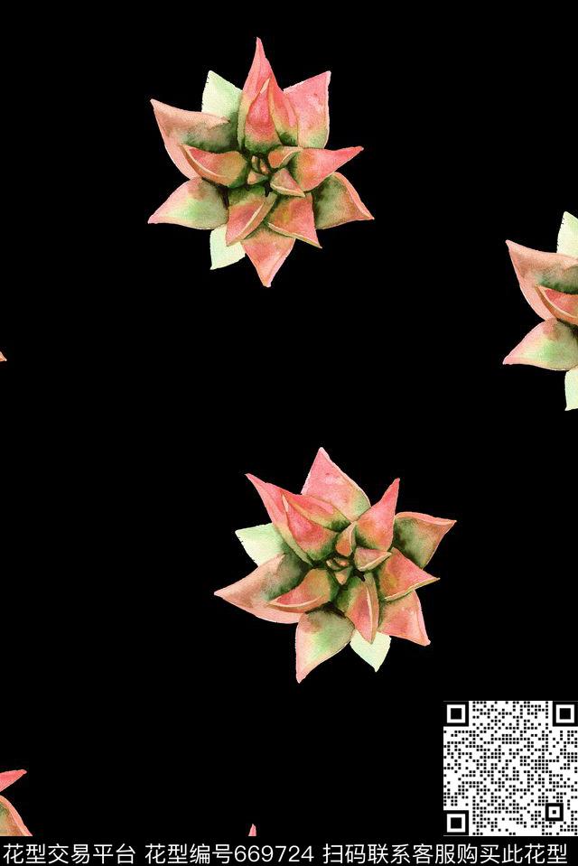 手绘清爽多肉数码印花花型下载（图片编号: 669724） - 瓦栏（Walan）