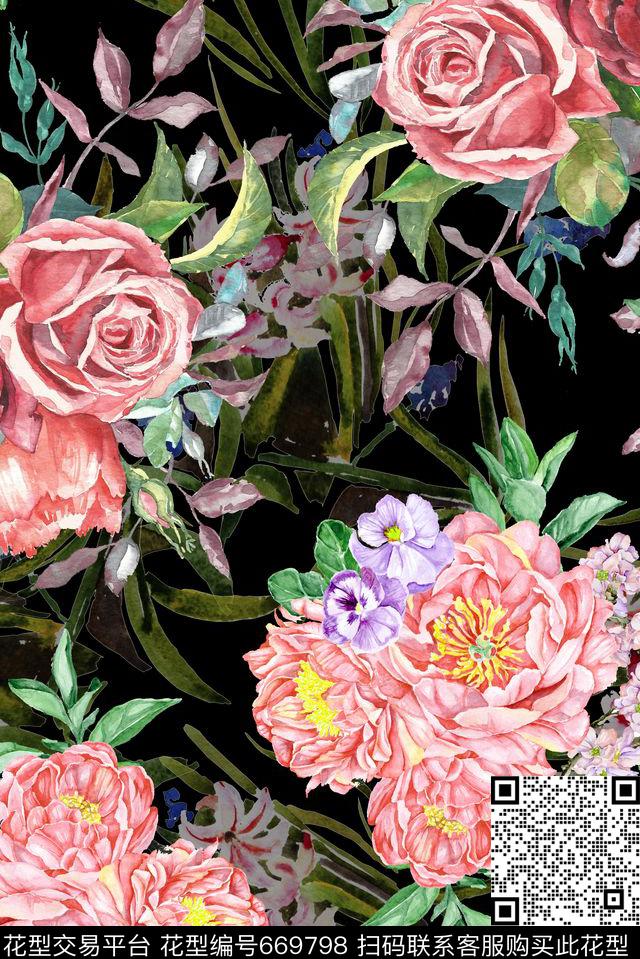 手绘花卉植物数码印花花型下载（图片编号: 669798） - 瓦栏（Walan）