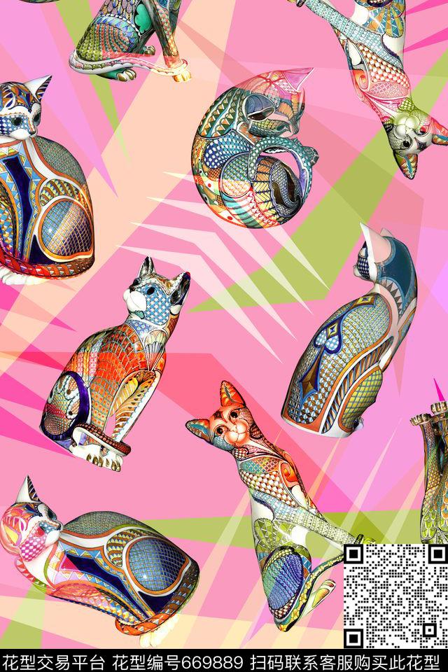WL6G1-31.jpg - 669889 - 几何 动物 猫 - 数码印花花型 － 女装花型设计 － 瓦栏