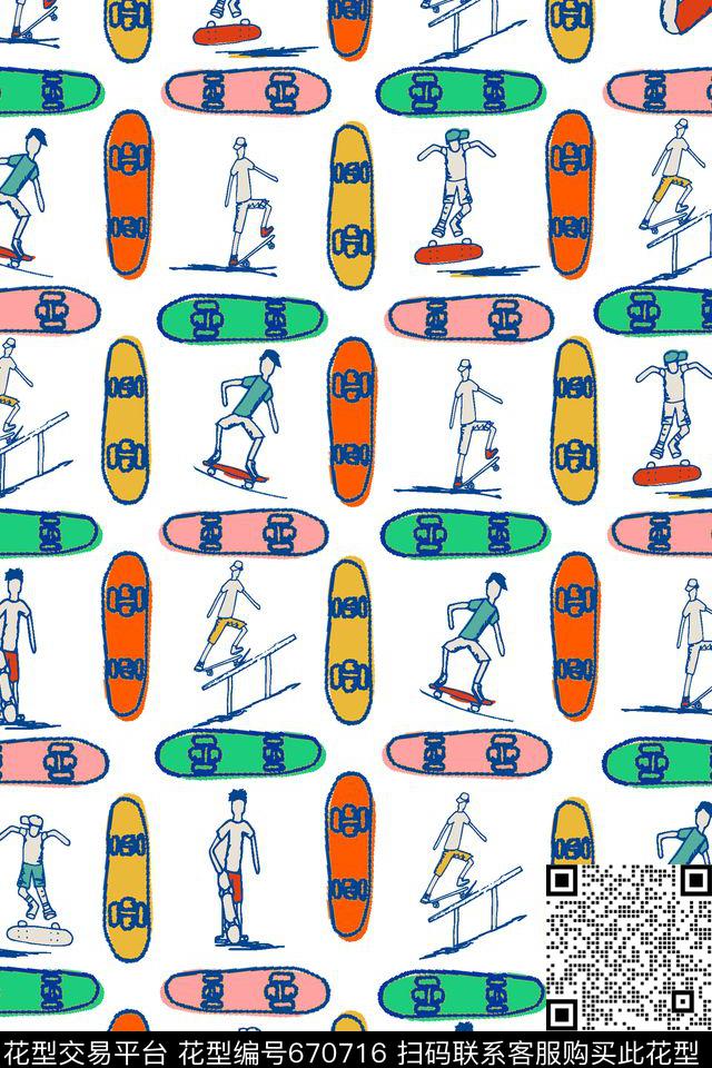 滑板.jpg - 670716 - 趣味 滑板 人物 - 传统印花花型 － 童装花型设计 － 瓦栏
