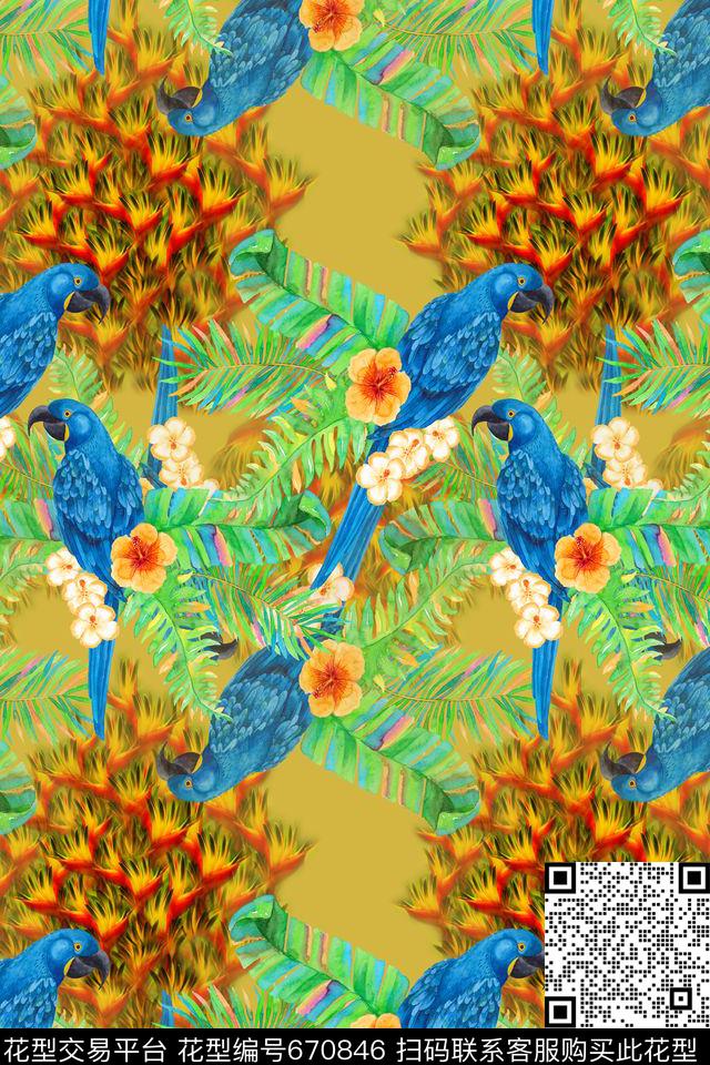 鸟昆虫图案热带海滨度假热带植物数码印花花型下载（图片编号: 670846） - 瓦栏（Walan）