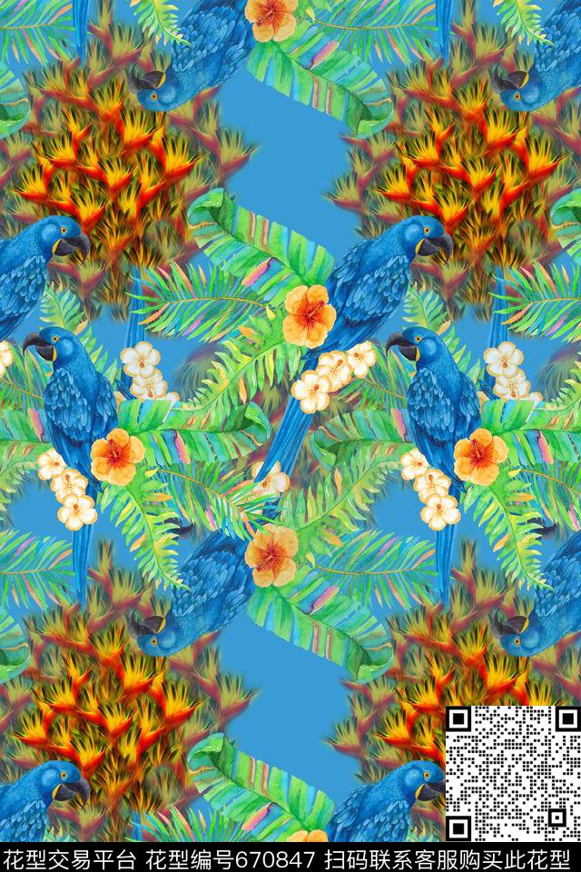 鸟昆虫图案热带海滨度假热带植物数码印花花型下载（图片编号: 670847） - 瓦栏（Walan）