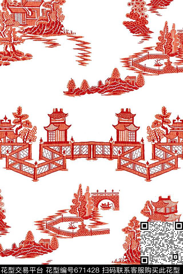 山水画民族风中国风数码印花花型下载（图片编号: 671428） - 瓦栏（Walan）