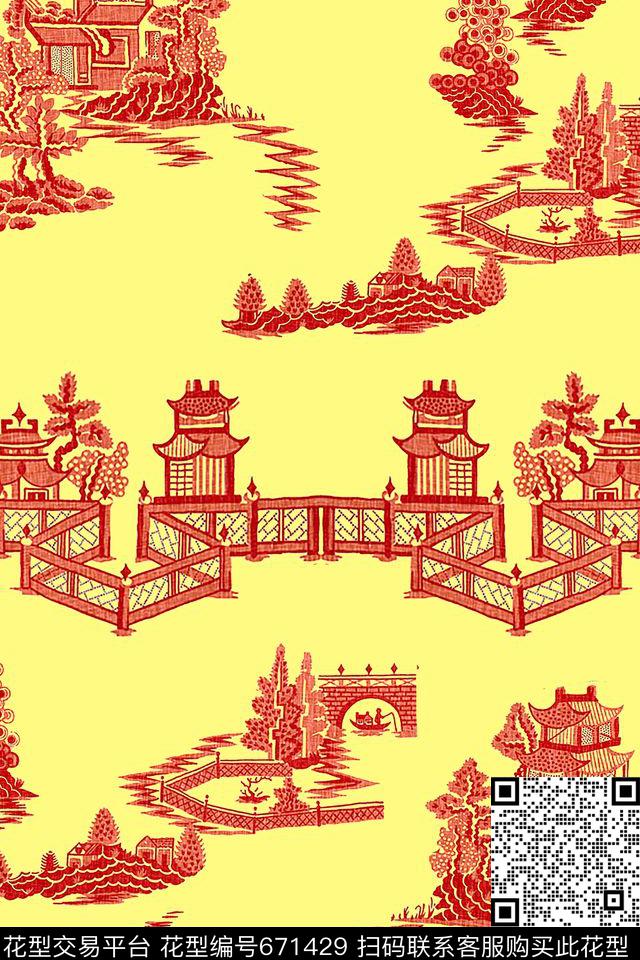 山水画民族风中国风数码印花花型下载（图片编号: 671429） - 瓦栏（Walan）