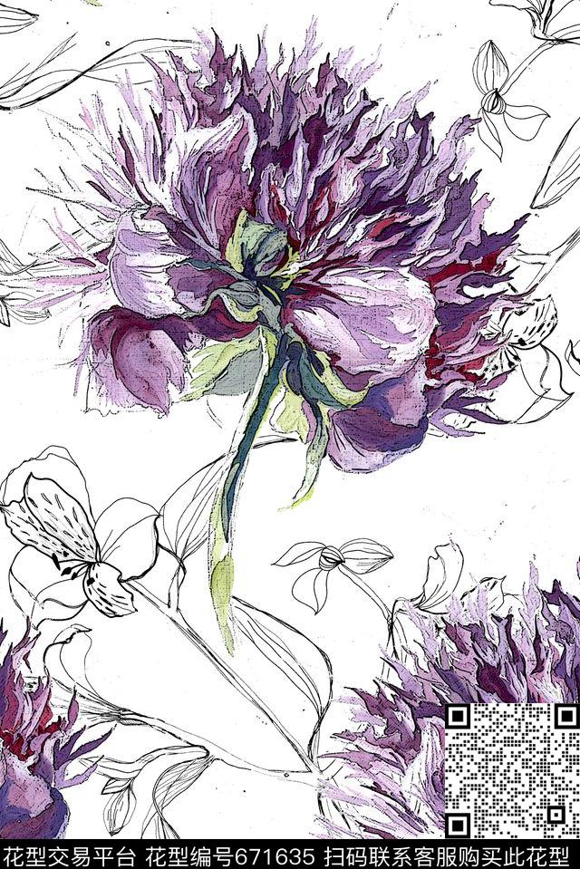 手绘花卉线描数码印花花型下载（图片编号: 671635） - 瓦栏（Walan）